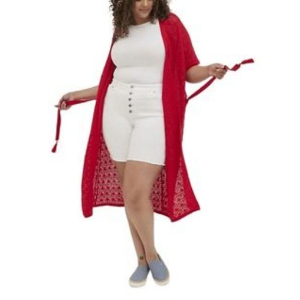 CROCHET DUSTER SHORT SLEEVE TIE WAIST SWEATER sz 1\2x